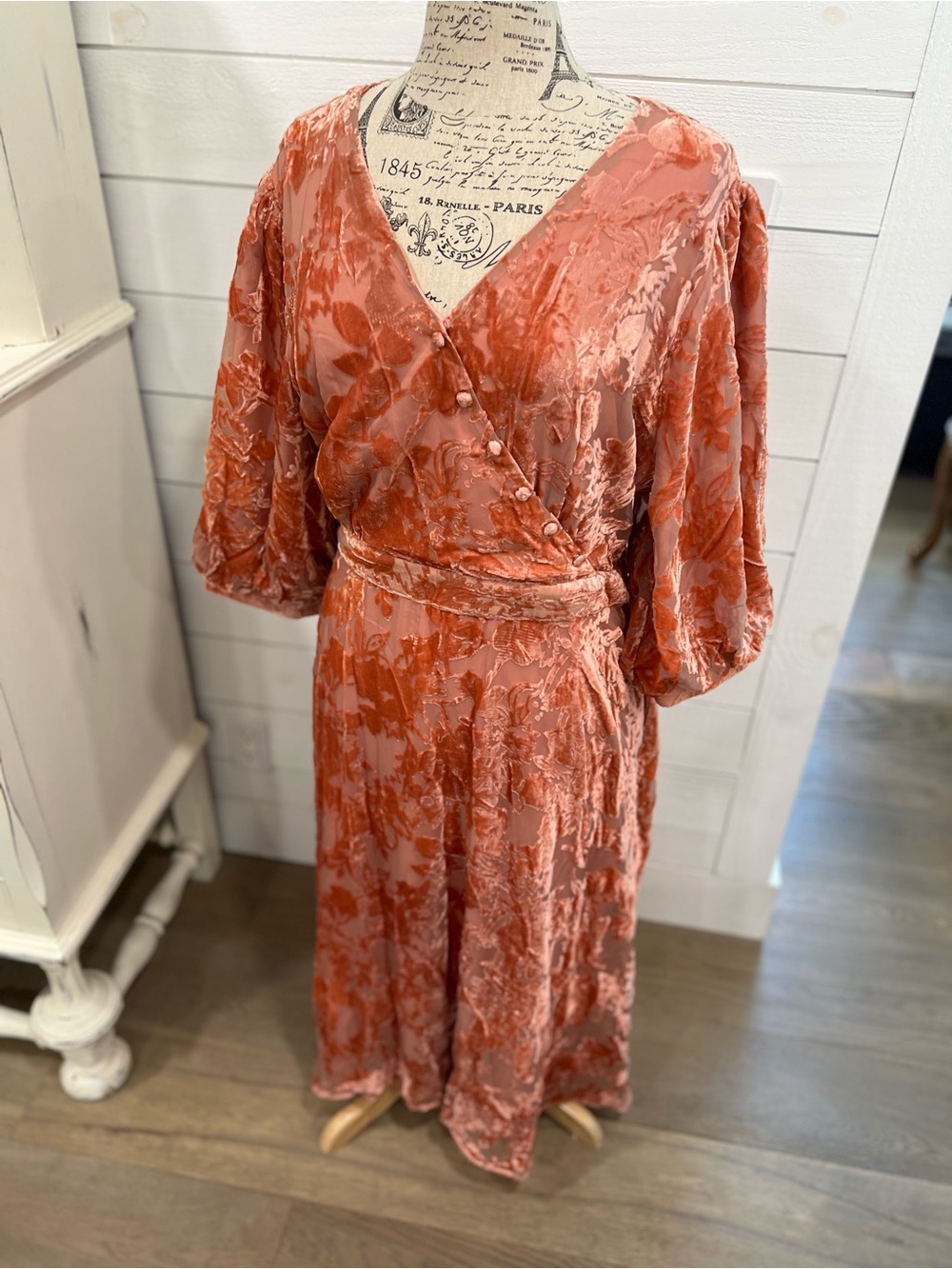 Roolee Coral Wrap Dress with Floral Burnout